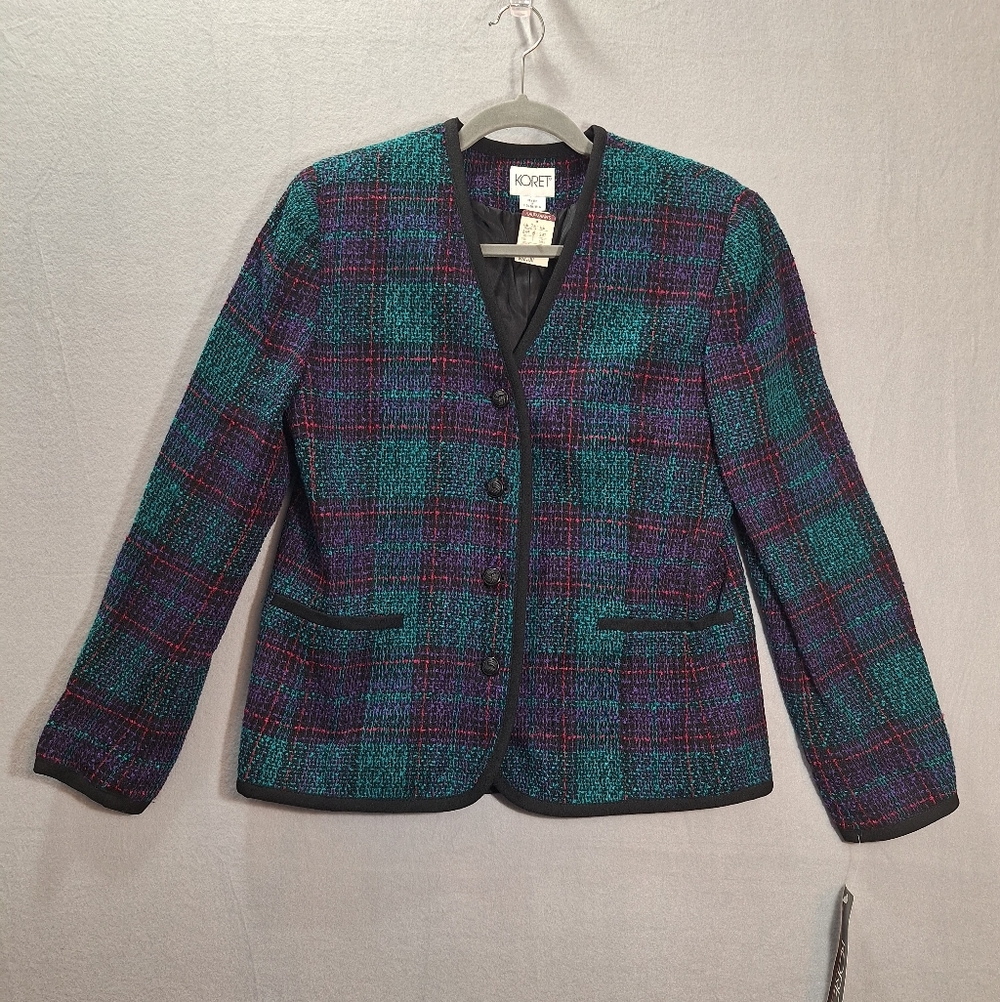 NWT Vintage 80s Jewel Tone Plaid Blazer Wool Blend Fitted USA Union Made Size 10